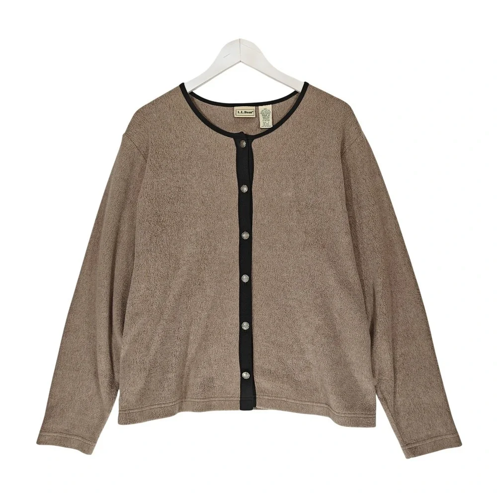 LL Bean Womens Fleece Pullover Large Taupe Brown Button Up Sunburst Buttons HJ90
